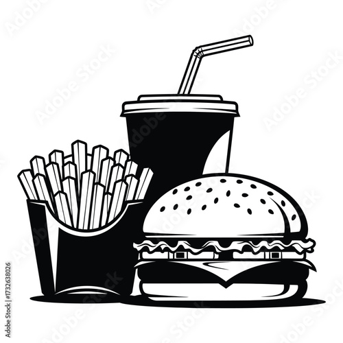 Classic burger fries and drink combo clipart simple line art for food branding and menus silhouette