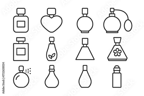 Perfume bottle line icon bundle. Minimalistic linear pictogram set for web and graphic design, apps, banners, social network and cards. Scent, fragrance, cosmetic vector signs.