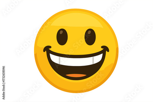 Grinning face with a big smile emoji. Happy smiley face emoticon showing teeth. Yellow cartoon vector character for chat or communication. Joyful and excited expression icon.