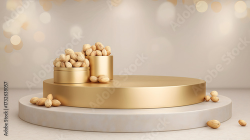 Golden Box Filled with Assorted Dry Fruits on Podium – Indian Festival Gift Concept for Diwali, Dussehra, Navratri
