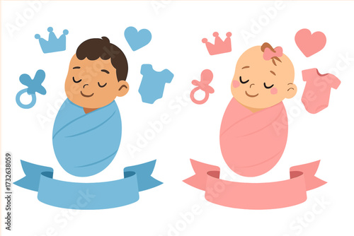 Vector set for gender reveal party or baby shower invitation. Cute cartoon newborn boy and girl twins swaddled in blue and pink. Blank banner for text. Welcome baby design.