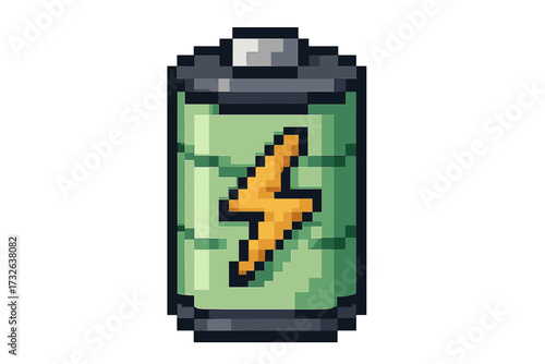 Pixel art battery icon. 8-bit retro video game asset. Full energy charge level symbol with lightning bolt. Green power accumulator. Electric object vector illustration.