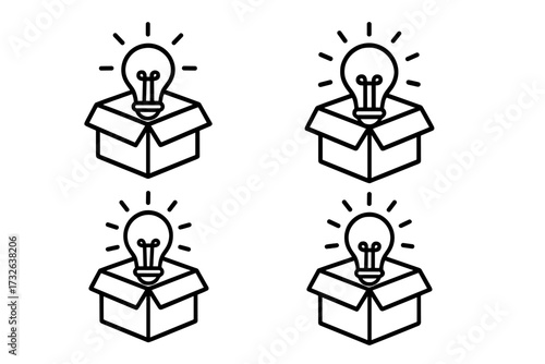 Thinking outside the box icon set. Light bulb in box concept. Metaphor for creativity, innovation, new ideas, solutions, brainstorming, insight and discovery. Unboxing a brilliant thought.