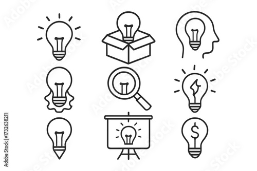 Light bulb line icon set for business idea and innovation. Creativity, thinking, solution and brainstorming concept. Vector signs for strategy, startup, and thinking outside the box.