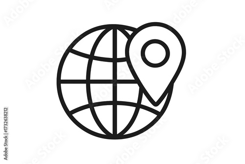 Globe icon with location pin. World map with navigation pointer. Global business and international travel destination concept. Earth with GPS address marker. Vector line art.