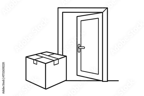 Package delivery at open door. Contactless shipping concept. Box on doorstep. Online shopping order. Home moving, relocation. Vector line art icon for apps and web design.