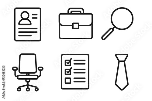 Business and office linear icon set. Vector symbols for job search, career, and recruitment. Includes resume, briefcase, magnifying glass, chair, checklist, and tie for a professional HR theme.