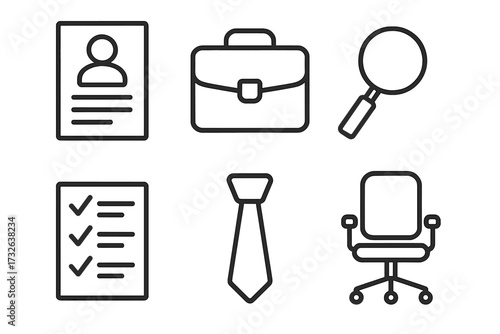 Job search and business icon set. Linear outline symbols for recruitment and HR. Includes resume, briefcase, magnifier, checklist, tie, and office chair vector illustration.