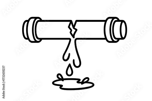 Broken pipe with water leak line icon. Plumbing problem concept. Water pipe burst, damage, and dripping. Emergency pipeline accident. Drainage system failure vector illustration.