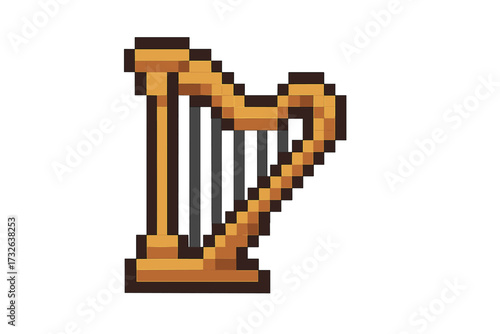 Harp pixel art icon. 8-bit retro gaming musical instrument sprite. Classical golden string instrument for melody, harmony, sound. Isolated vector graphic for game design asset.