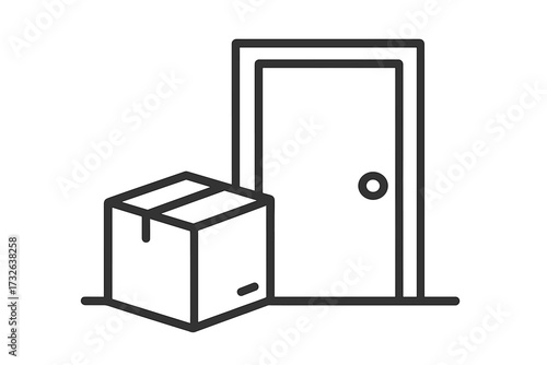 Contactless package delivery icon. Parcel box at the front door. Online shopping and shipping concept. E-commerce order. Home delivery service. Simple outline vector illustration.