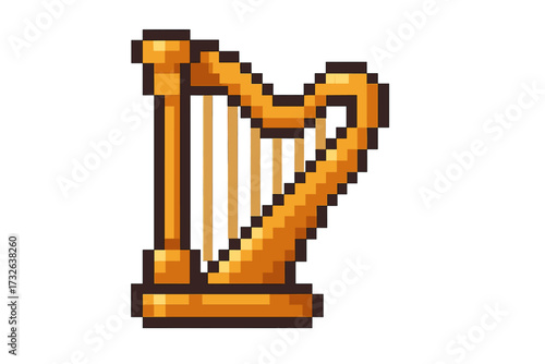 Harp icon in pixel art style. Golden musical instrument asset for retro video game. 8-bit sprite of a classical stringed instrument. Vintage music symbol vector illustration.