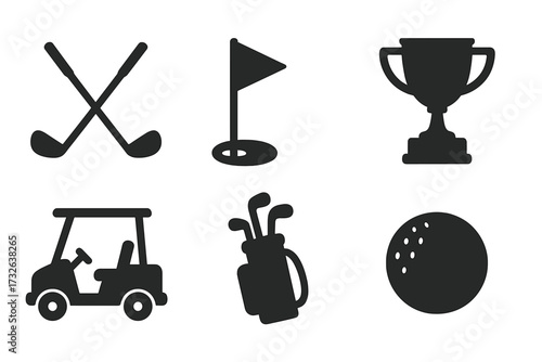 Golf equipment icon set. Sport symbols silhouette collection. Vector illustration of golf club, ball, flag in hole, cart, bag, trophy cup. Game, tournament, competition.