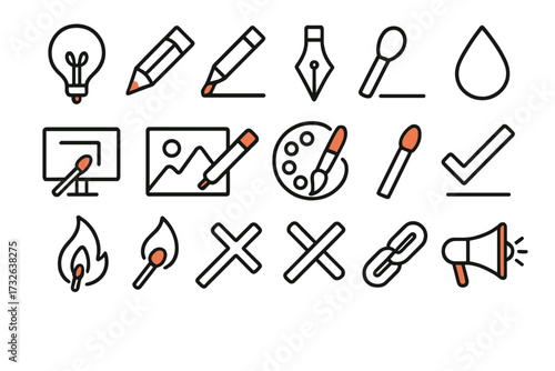 Creative process icon set with a matchstick metaphor for starting an idea. Minimalist line art for graphic design, web, banners. Vector illustration of fire, art tools, digital creation.