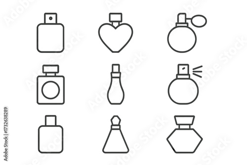 Perfume bottle line icon set. Fragrance, cologne spray symbol collection. Minimal outline pictogram for web, beauty, cosmetics. Vector graphic design element isolated.