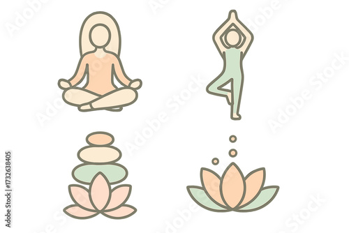 Minimalist yoga and meditation icon set. Vector cartoon illustration for wellness and mindfulness projects. Woman in lotus and tree pose. Stacked stones and lotus flower symbol.