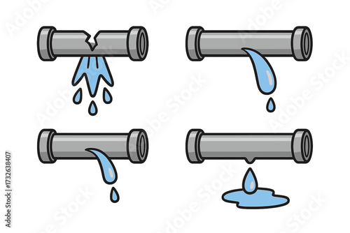 Water pipe leak icon set. Broken, burst, and dripping pipes. Plumbing emergency, damage concept. Leaking water gush, drops, and puddle. Cartoon vector illustration set.