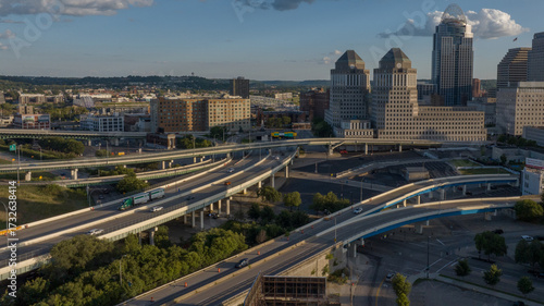 Aerial view of the Brent Spence Bridge crossing the Ohio River with the Great American Tower in the background, Cincinnati, Ohio, United States.