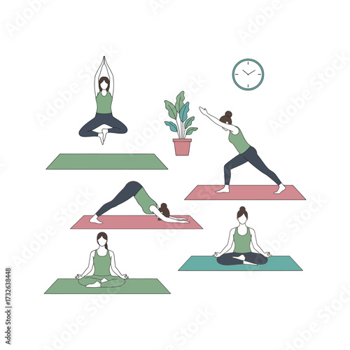 Woman practicing various yoga poses on mats with a plant and clock