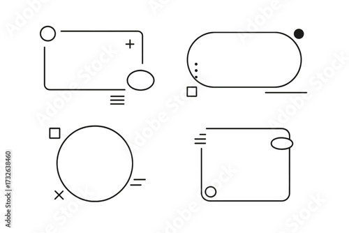 Modern graphic design text boxes. Set of abstract vector art frames. Illustrations to place your text. Linear strokes and geometric shapes. Minimalist quote box templates.