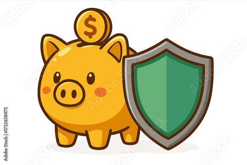 Financial security and money protection concept. Piggy bank with dollar coin and shield. Investment safety, wealth insurance, and savings guarantee. Finance budget cartoon vector.