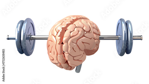 Three dimensional render of human brain lifting weights.Human brain on dumbbell
