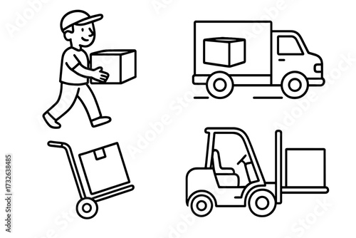 Delivery and logistics icon set. Linear vector illustration of a shipping process. Courier, truck, forklift and hand truck with boxes. Concept for transport, cargo, and freight.