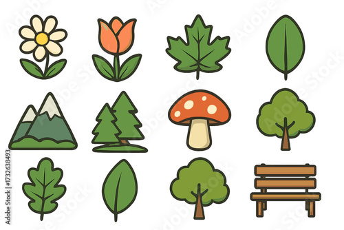 Nature and parks icon set. Vector collection of cartoon elements like flower, leaf, mountain, mushroom, tree, and bench. For graphic design, apps, outdoor and forest concepts.