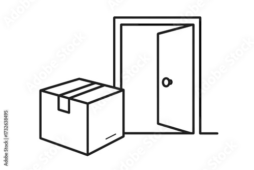 Contactless package delivery concept. Box delivered to an open door. Online shopping order, shipping and receiving parcel. Vector line art icon for logistics and e-commerce.