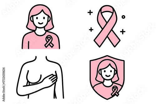 Breast cancer awareness vector set with pink ribbon, woman with breast self-exam, protective shield symbol, and transparent background, cartoon style illustrations for health campaign and prevention