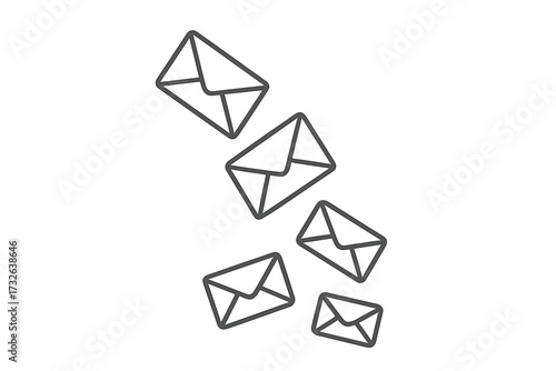 Vector illustration of falling email envelopes. Minimalist outline icon set for marketing, advertising, and spam concepts. Receiving mails, newsletter, communication, message flow.