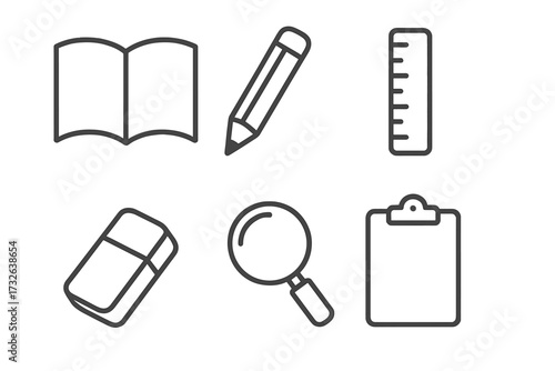 Stationery outline icon collection. Minimalist vector set with book, pencil, ruler, eraser, magnifier, clipboard. Simple line art for back to school, education, office supplies.