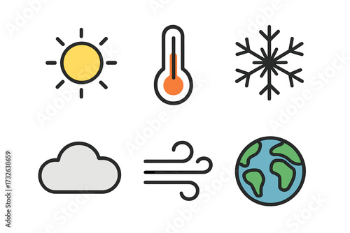 Weather icon set. Climate forecast symbols. Sun, thermometer, snowflake, cloud, wind, earth. Meteorology concept. Temperature, heat, cold, snow, windy, sunny, cloudy signs. Vector.