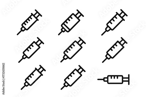 Minimalistic syringe icon set vector collection for medical, healthcare, vaccination, injection, immunization symbols, cartoon style design for apps, web, banners, social media card backgrounds