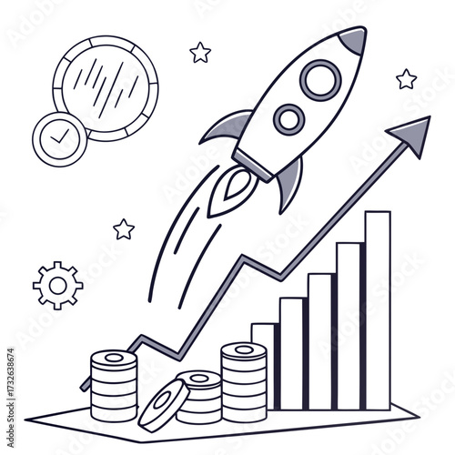 Rocket launch with financial growth chart in monochrome isolated on white