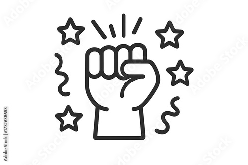 Powerful fist punch icon with celebratory stars and dynamic lines, linear style vector cartoon illustration, transparent background, energetic victory symbol, strong hand gesture