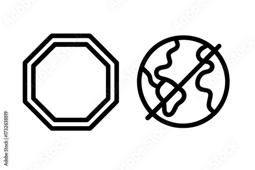 Stop sign with crossed-out planet Earth icon. Vector symbol for climate change protest, anti-globalization, or travel ban. Environmental protection warning. Outline graphic.