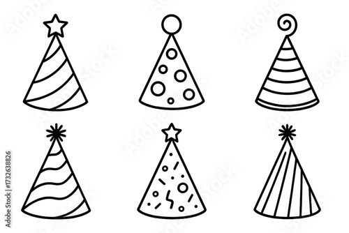 Party hat line icon set. Birthday celebration collection. Holiday fun cone caps. New year, carnival, anniversary event symbols. Doodle cartoon line art illustration, editable stroke.