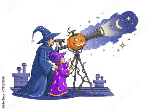 Astronomical Pumpkin Vision: A wizard and child marvel at the cosmos through a pumpkin telescope under a star-filled night, in a whimsical and artistic illustration.