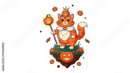 Royal Cat Halloween Illustration: A majestic, crowned cat, radiating regal charm, oversees a fantastical Halloween scene, staff in paw, pumpkins abound in a celebration of autumnal enchantment.