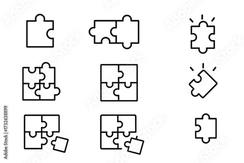 Puzzle outline icon collection with editable stroke, vector cartoon illustration for infographics, articles, books, flyers, banners, educational and creative design elements