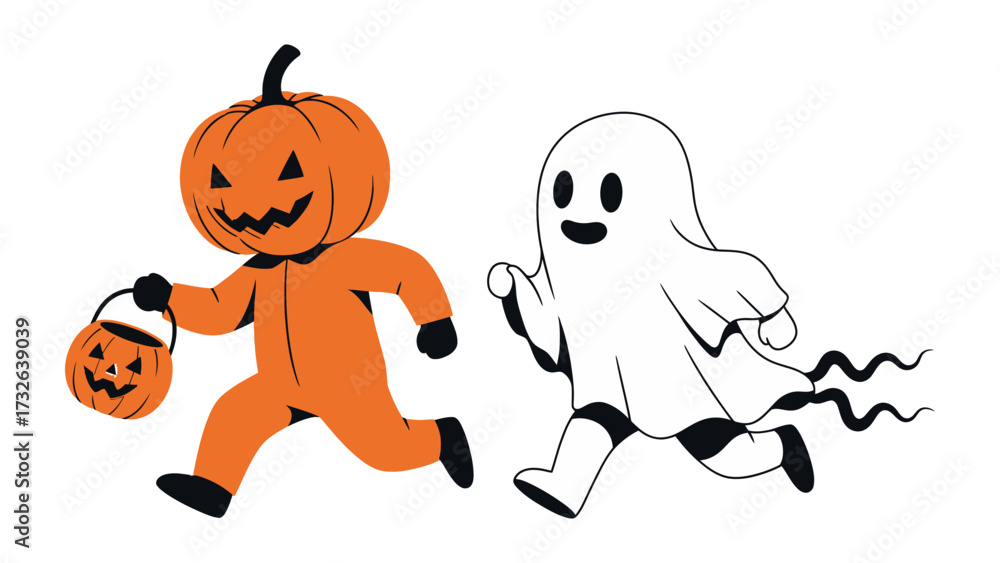 Fototapeta premium Spooky Stroll: Whimsical illustration of a pumpkin-headed character and a friendly ghost running together. The pair embodies the playful spirit of the season. 
