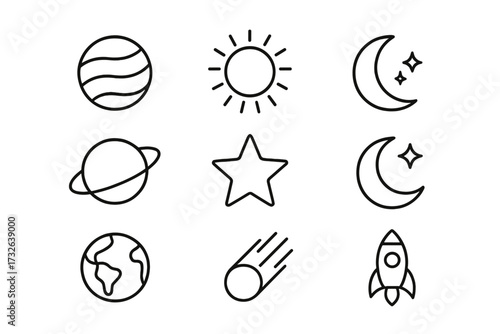 Set of Cosmos Related Line Icons with Planets, Sun, Moon, Star, Comet, Earth, Rocket Outline Signs for Graphic and Web Design, Apps, Advertisements, Cards, Vector Illustration