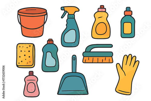 Hand-drawn set of colorful household cleaning supplies vector illustrations including bucket, spray bottle, brush, gloves, sponge, detergent bottles, and dustpan for cleaning concept