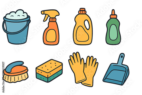 Household cleaning supplies set with bucket, spray bottles, detergent, gloves, brush, sponge, and dustpan in hand-drawn flat style, washing and cleaning tools vector illustration for web and print