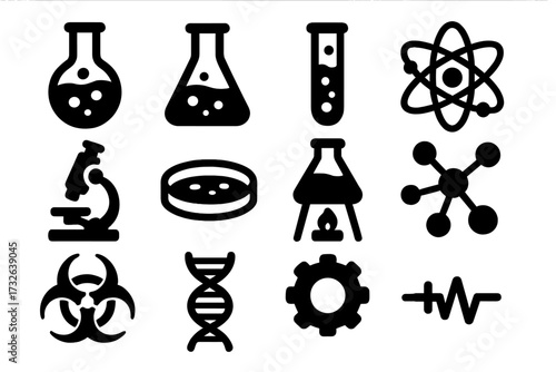 Science icons collection of laboratory equipment and scientific symbols in bold silhouette style, vector cartoon illustration with transparent background, set of research and experiment tools