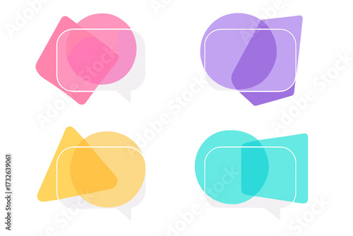 Trendy translucent speech bubbles with colorful geometric shapes, modern vector illustration, transparent background, communication icons, abstract dialogue, message concept