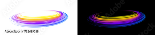 Vibrant neon lines with swirling round trails and glowing energy circles.