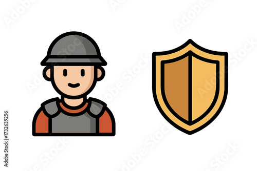 Soldier or Guard Icon with Protective Helmet and Shield, Security and Defense Concept, Cartoon Vector Illustration for Graphic Design, Apps, Advertisements, Books, Transparent Background