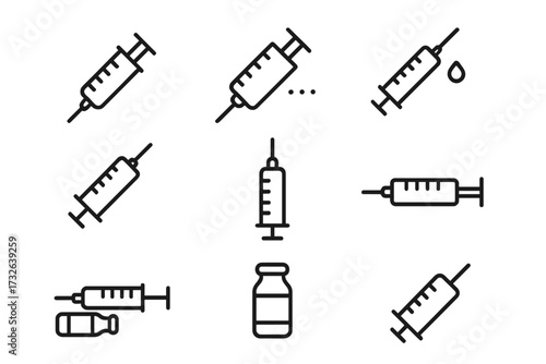 Medical syringe and vaccine vial outline icons set, simple linear injection and immunization symbols collection for healthcare, vaccination, medicine, clinic, and health app designs
